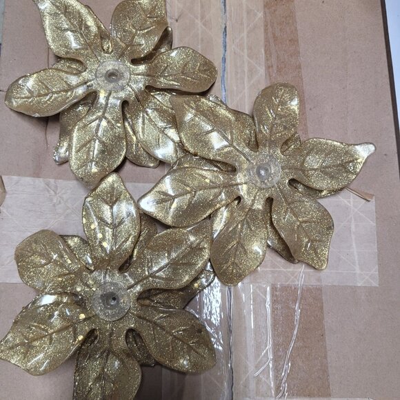 Set 3 heavy gold poinsettia Christmas ornaments or decor - Picture 2 of 2